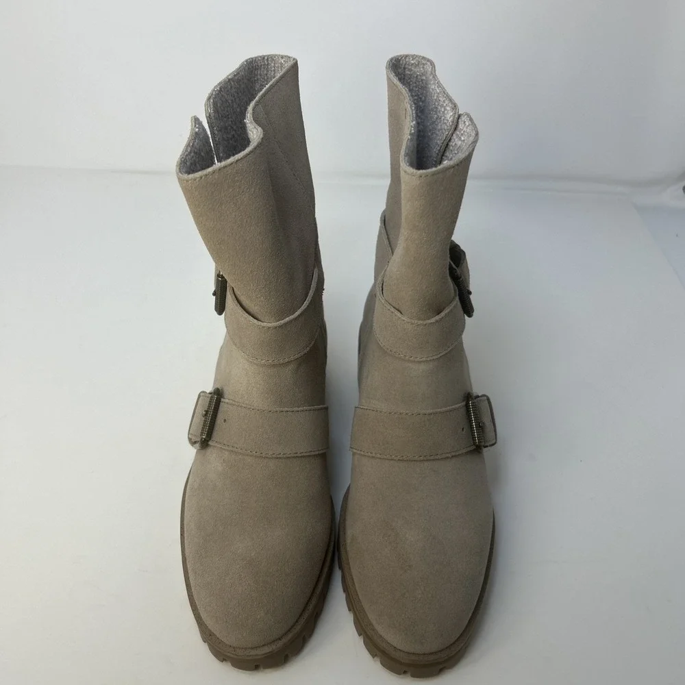 Splendid Karlyn Taupe Suede Ankle Booties Size 5 Double Buckle Moto NIB